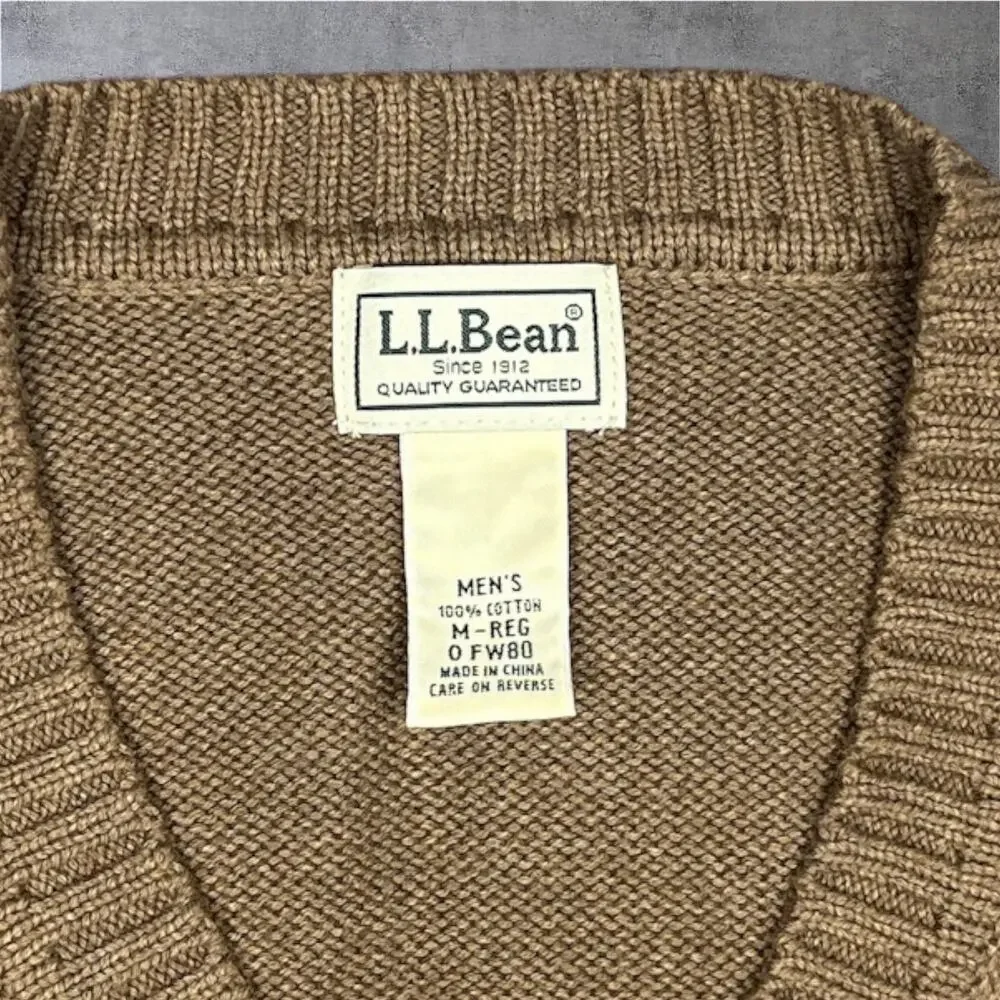 L.L. Bean Men's Medium Pullover Brown Sweater 100% Cotton V-neck EUC Classic